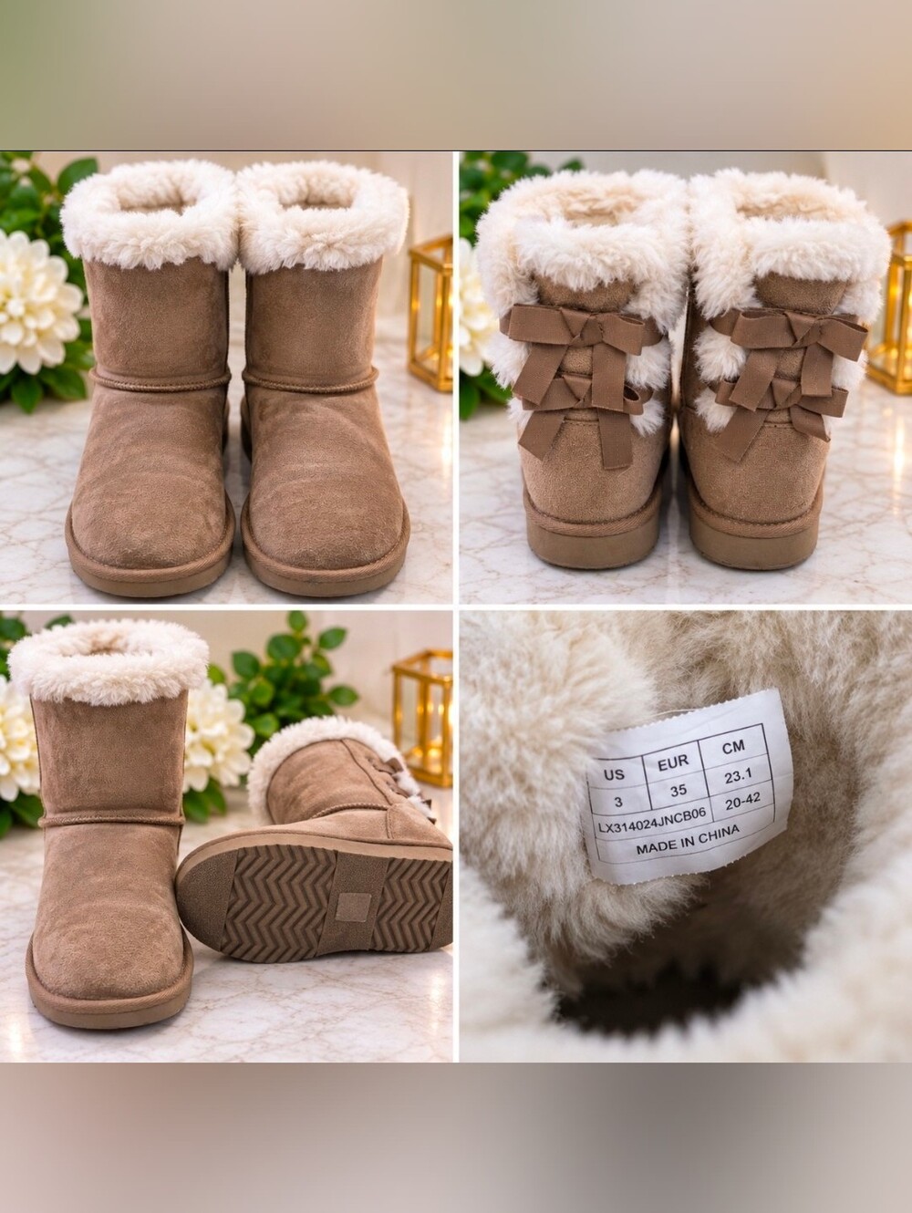 Girls Tan Faux Suede Fur-Lined Winter Boots with Bows – Size 3